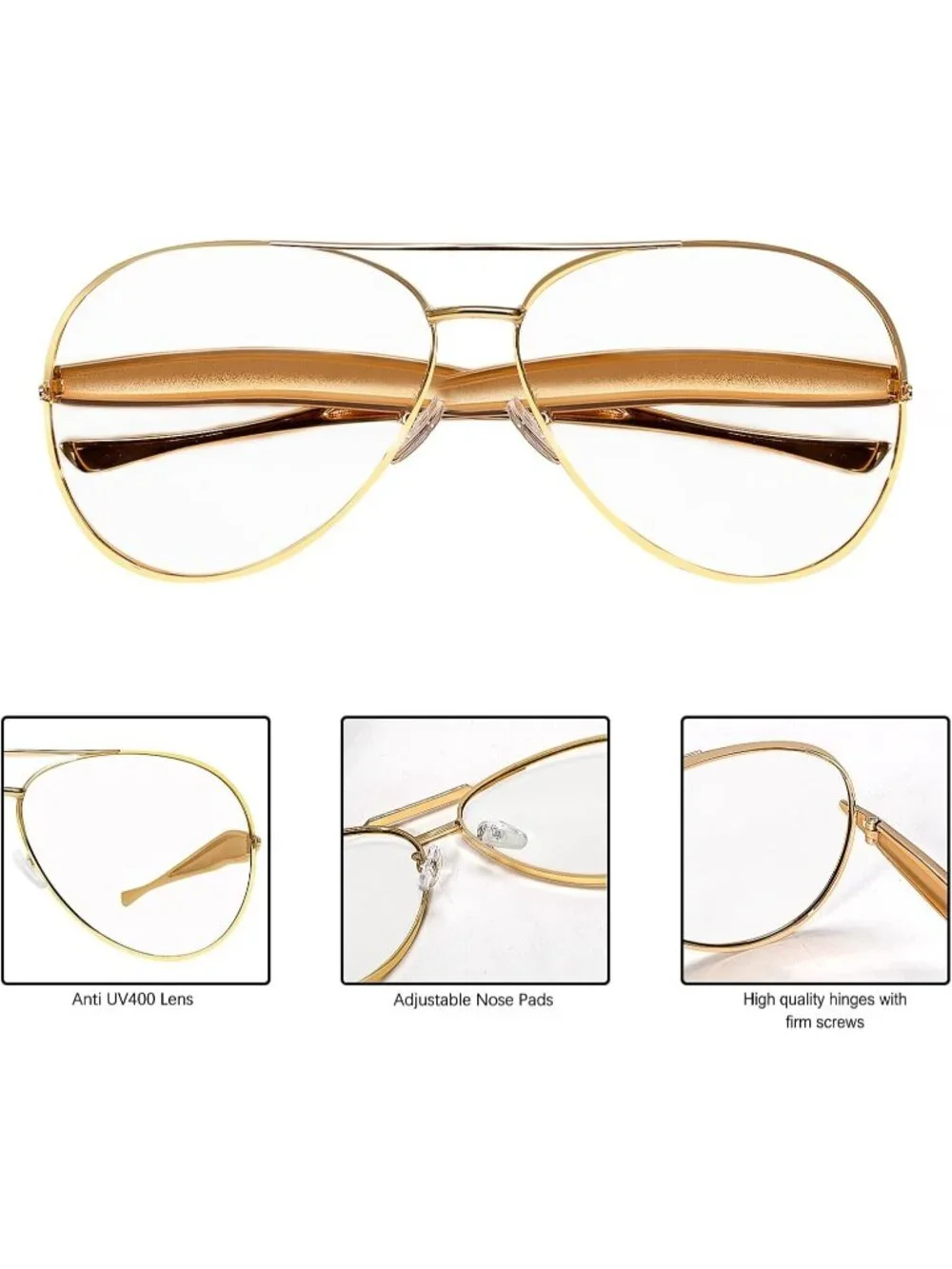 Unisex Gold Frame Clear Lens Aviator Sunglasses Metal Oversized Aviators Sun